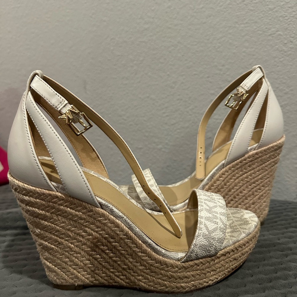 Michael Kors White Espadrille Platform Wedge Sandals with Logo Strap